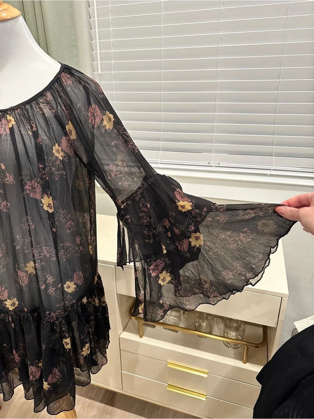 Free People Black Sheer Floral Tie-Neck Blouse